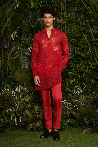 Shivan and Narresh Couture Red Knit Kurta with Churidaar; Red Colour; Men Kurta Set;