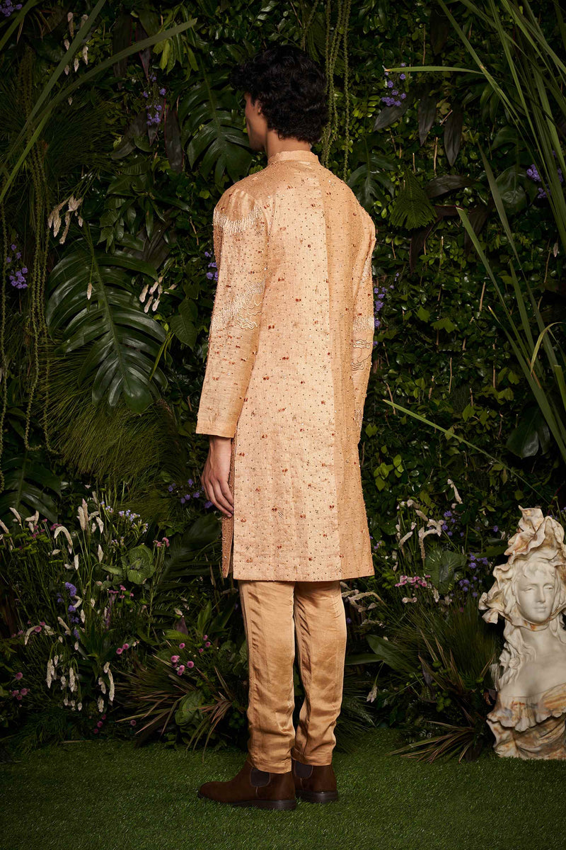 Shivan and Narresh Couture Embroidered Kurta with Pants; Gold Colour; Men Kurta Set;