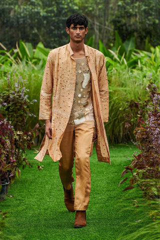 Shivan and Narresh Couture Embroidered Kurta with Pants; Gold Colour; Men Kurta Set;