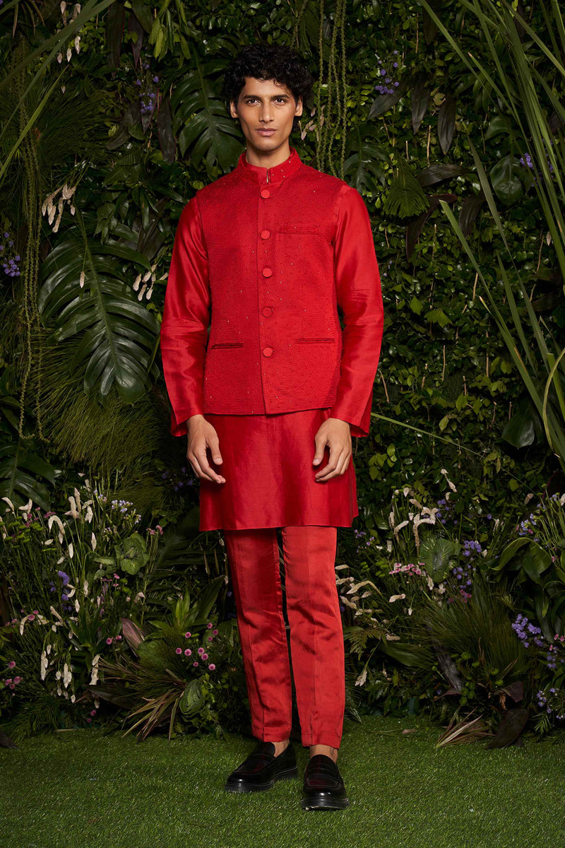 Shivan and Narresh Couture Red Kurta Set with Bandi, Red Colour, Men Ethnic Wear