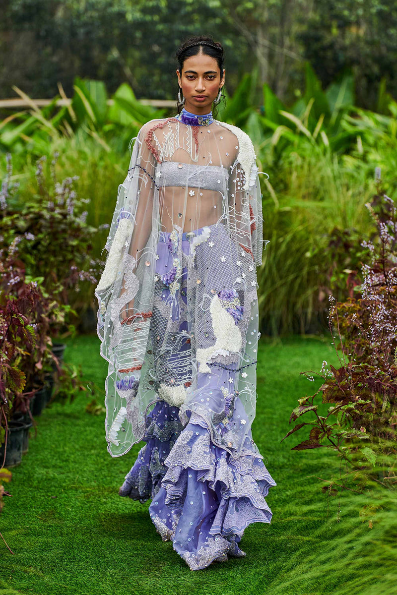 Shivan and Narresh Couture Handcrafted Cape with Sharara; Purple Colour; Sharara Set