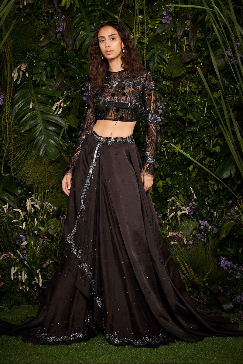 Shivan and Narresh Couture Asymmetrical Black Skirt with Bustier; Black Colour; Women Lehenga Set;