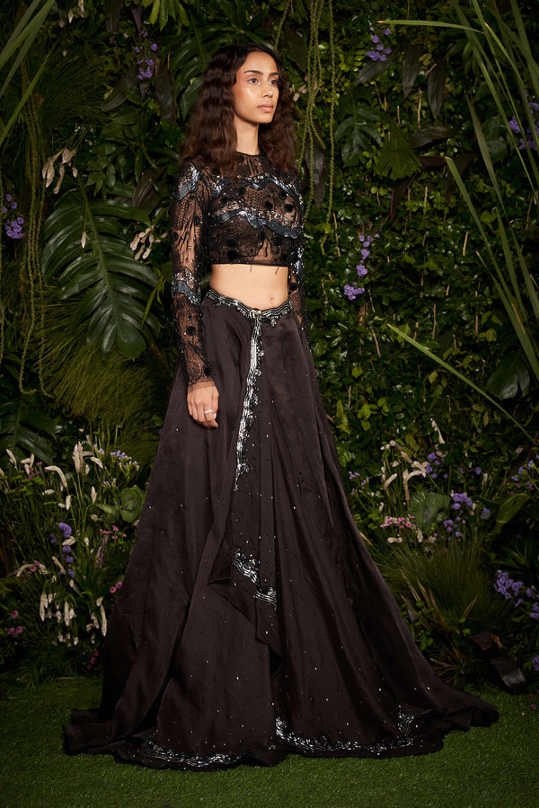 Shivan and Narresh Couture Asymmetrical Black Skirt with Bustier; Black Colour; Women Lehenga Set;