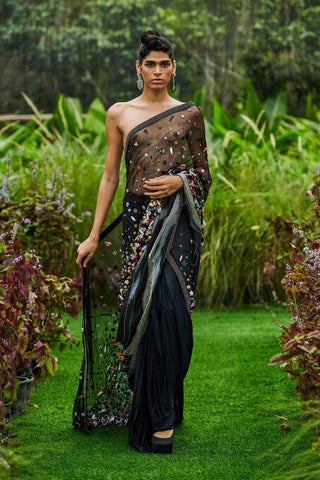 Shivan and Narresh Couture Hand Crafted Black Sari; Black Colour; Women Embroidered Saree;
