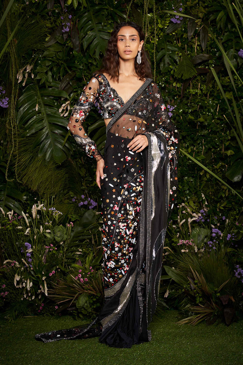 Shivan and Narresh Couture Hand Crafted Black Sari; Black Colour; Women Embroidered Saree;