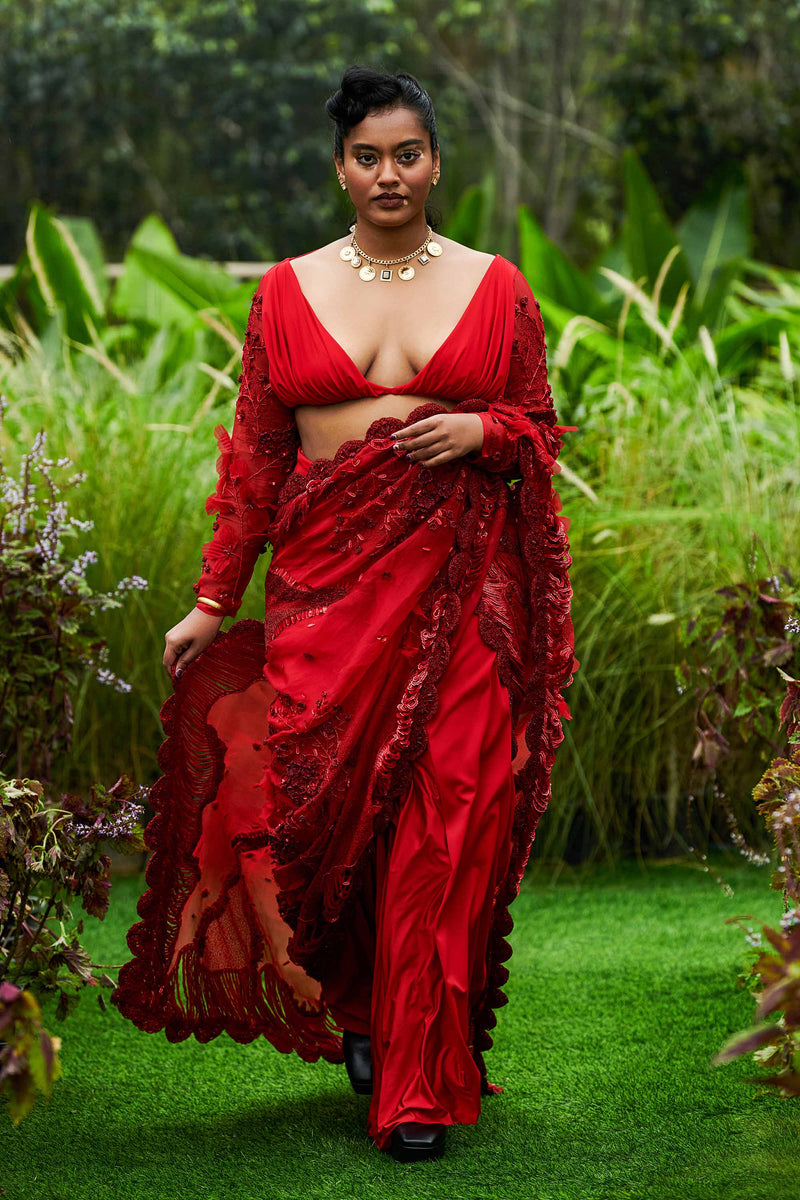 Shivan and Narresh Couture Tailored Red Sari with Blouse; Red Colour; Women Embroidered Saree with Blouse