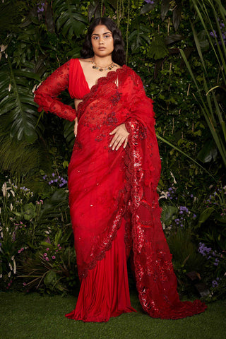 Shivan and Narresh Couture Tailored Red Sari with Blouse; Red Colour; Women Embroidered Saree with Blouse
