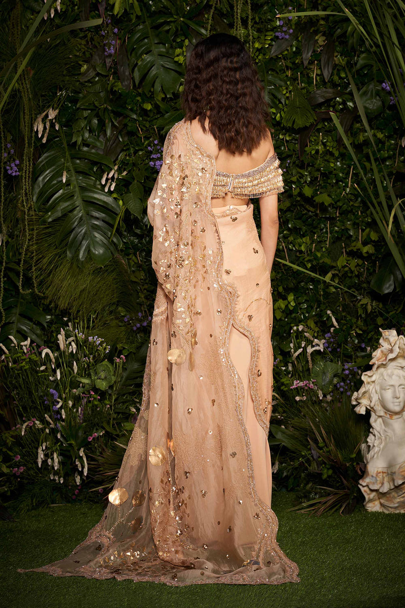 Shivan and Narresh Couture Hand Crafted Gold Sari; Gold Colour; Women Pre-stitched Saree;