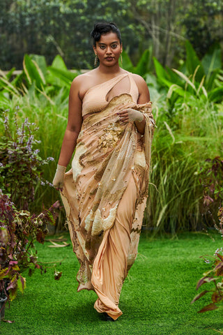 Shivan and Narresh Couture Hand Crafted Sari; Gold Colour; Pre-Stitched Saree;