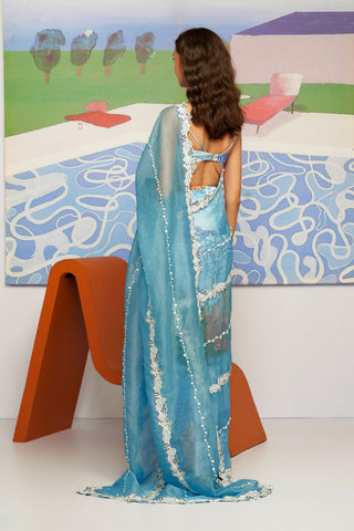 Shivan & Narresh Maru & Blue Embroidered Saree; Multicolor; Printed Saree; Ethnic Wear; Pre-draped Sari