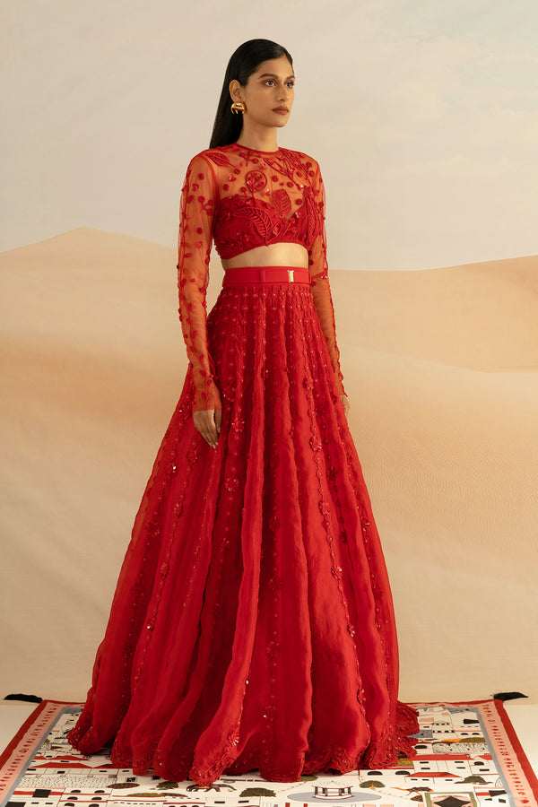 Shivan and Narresh Jaiscape Red Emboridered Lehenga; Red colour; Pre-stitiched; Ready to wear