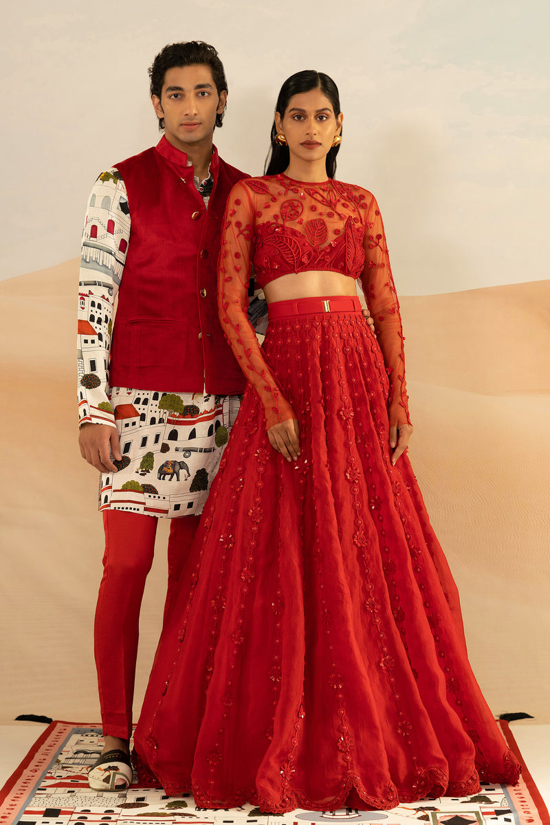 Shivan and Narresh Jaiscape Red Emboridered Lehenga; Red colour; Pre-stitiched; Ready to wear