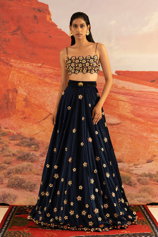 Shivan and Narresh Wilding Blue Emboridered Lehenga; Blue colour; Pre-stitiched; Ready to wear