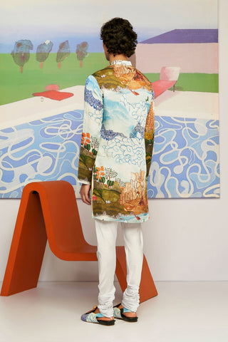 Shivan and Narresh Maru White & Green Kurta Set; Printed Kurta Set; Multicolor;