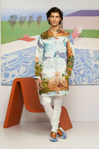 Shivan and Narresh Maru White & Green Kurta Set; Printed Kurta Set; Multicolor;