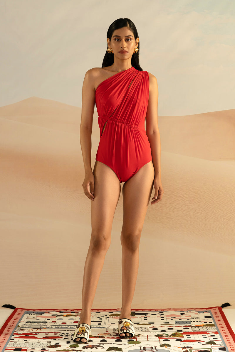 Shivan and Narresh Jaiscape One Shoulder Maillot; Red Colour; Draped Maillot;
