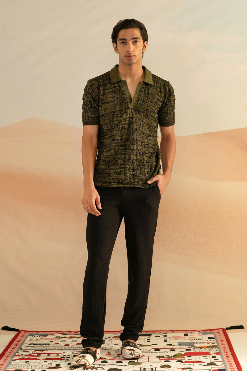 Shivan and Narresh Jaiscape Knitted Polo; Olive Colour; Men Polo;