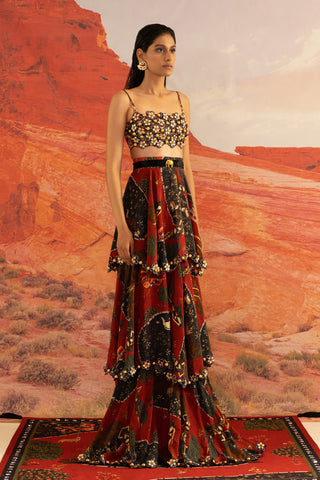 Shivan and Narresh Wilding Red Emboridered Skirt; Multicolour; Pre-stitiched; Ready to wear; Printed Skirt