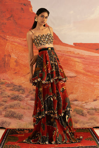 Shivan and Narresh Wilding Red Emboridered Skirt; Multicolour; Pre-stitiched; Ready to wear; Printed Skirt