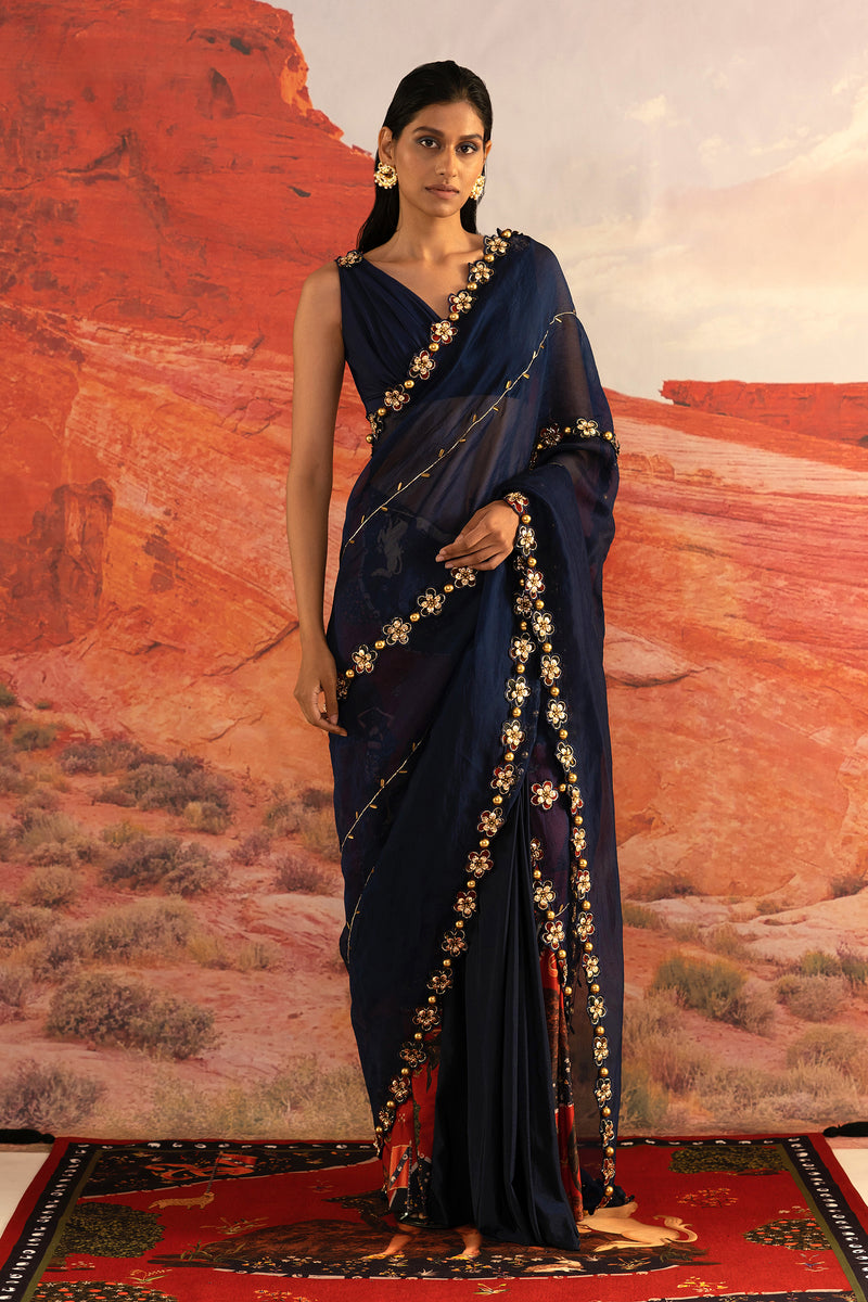 Shivan and Narresh Wilding Blue Emboridered Sari; Blue colour; Pre-Draped; Ready Pleated Saree