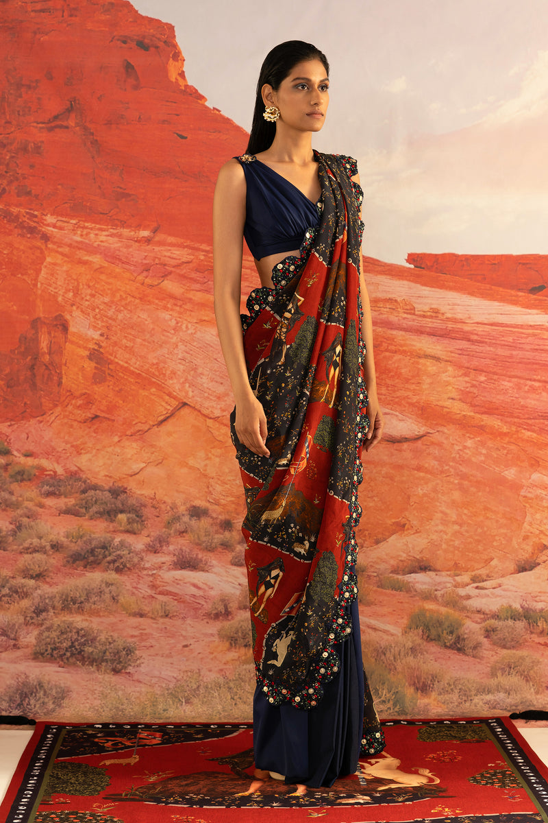 Shivan and Narresh Wilding Red & Blue Emboridered Sari; Multicolour; Pre-Draped; Ready Pleated Saree