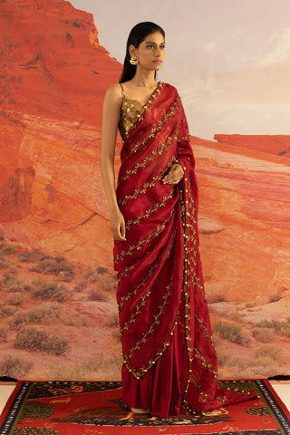 Shivan and Narresh Wilding Red Emboridered Sari; Red colour; Pre-Draped; Ready Pleated