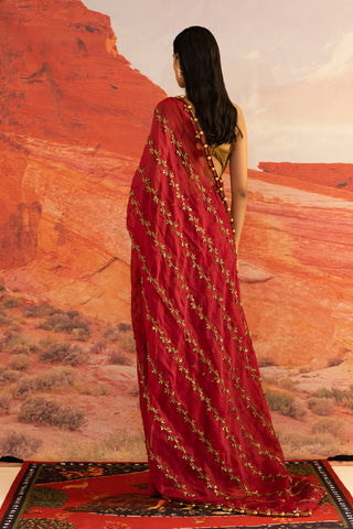 Shivan and Narresh Wilding Red Emboridered Sari; Red colour; Pre-Draped; Ready Pleated